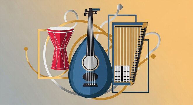 Flat design illustration showcasing traditional Middle Eastern musical instruments like the oud,