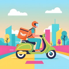 Vibrant illustration of a dedicated delivery rider expertly navigating a dynamic city street on a scooter, symbolizing modern urban logistics and swift service