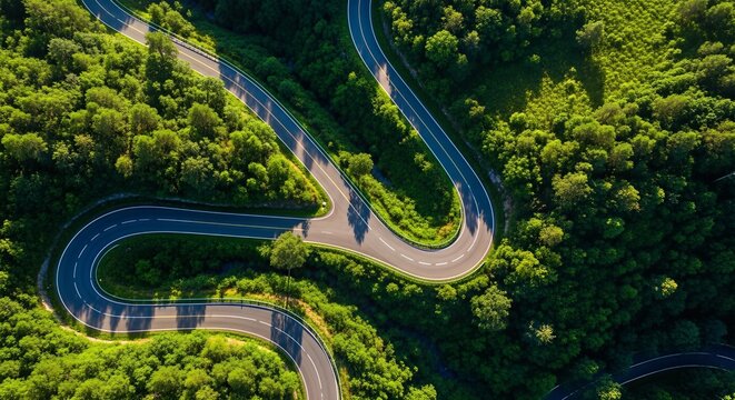Aerial view of a winding serpentine road cutting through a lush green forest with numerous sharp turns and switchbacks.