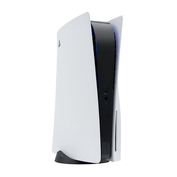 ps5 next-gen gaming system standing in vertical position