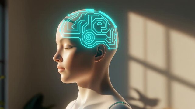Corporate AI humanoid assistant featuring glowing blue circuits and golden mirror reflection. Premium technology background for business innovation and enterprise digital branding.