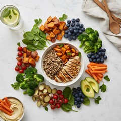 Delicious and Nutritious Healthy Food Bowl with Grilled Chicken, Quinoa, Vegetables, and Fruits