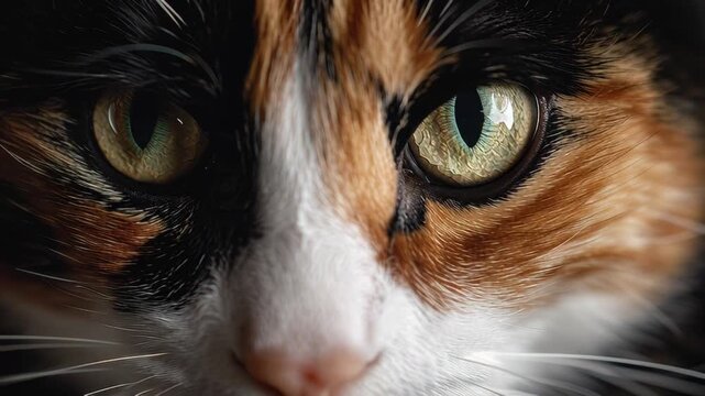 Close-up of a Calico Cat's Intense Green Eyes
