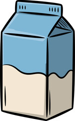 A cartoon drawing of a light blue and beige gable top carton against a black background.