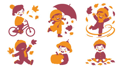 Naklejka premium Happy Children Enjoying Autumn Season Activities Bike Riding, Jumping, and Playing with Pumpkins and Leaves