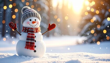 Smiling snowman with hat, scarf, and mittens in glowing snowy forest at sunrise.