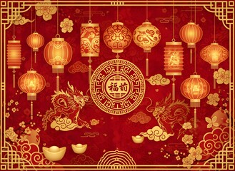 Vibrant Chinese New Year celebration with red lanterns, gold dragons, and auspicious symbols on a textured background