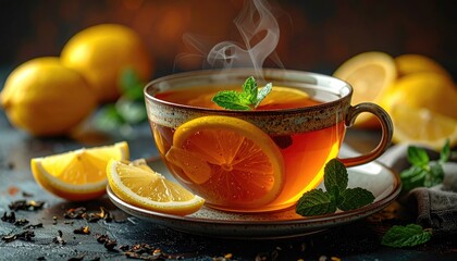 Steaming lemon tea with mint garnish