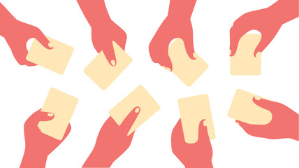 Illustrated Pattern Red Hands Holding Tan Cards on White Background, Repetitive Design