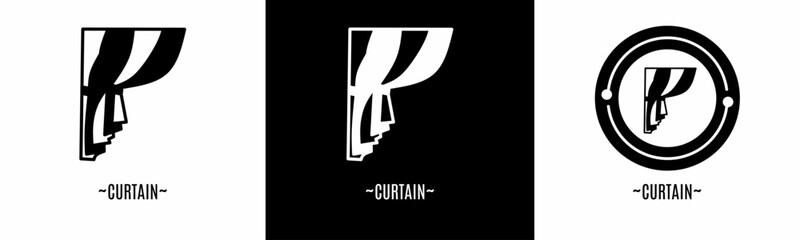 Curtain logo set. Collection of black and white logos. Stock vector.