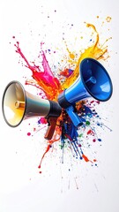 Megaphones surrounded by colorful splatters