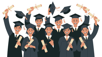 Illustration of Cheerful Graduation Class Throwing Caps and Holding Diplomas in Celebration on White Background