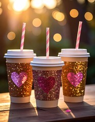 Three drinks with heart and bokeh