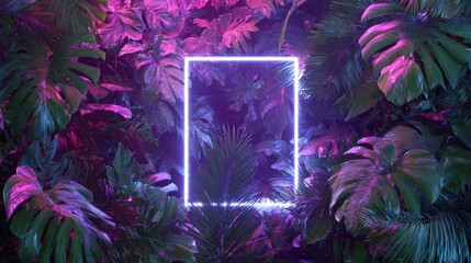 Neon square glows amidst vibrant tropical foliage with purple and pink hues.