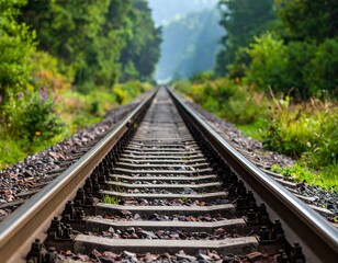 Fototapeta premium Railway tracks stretching into the distance through lush greenery.