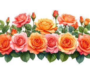  Vibrant Orange and Pink Rose Stems With Layered Green Leaves, Horizontal Floral Composition, Isolated on Transparent Background