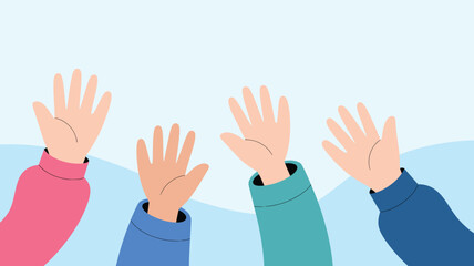 Obraz premium Raised Hands Illustration Featuring Different Skin Tones, Colorful Sleeves, and Light Blue Backgrounds
