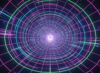 Abstract Neon Grid Tunnel With Glowing Light At The End