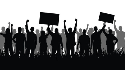 Silhouetted Crowd Protesting with Raised Fists and Signs Against White Background