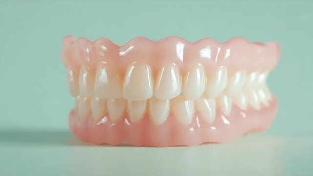 Set of Complete Dentures on a Light Blue Surface Demonstrating False Teeth with Pink Gums and White Crowns Dental Prosthesis Dental Care and Artificial Jaw Bone