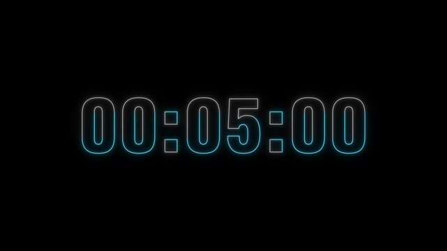 Glowing neon 1 minutes countdown with black background.1 Minute Digital Negative Countdown. seconds on transparent background 60 second countdown