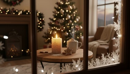 Cozy lit candle and steaming hot chocolate sit on a wooden table, creating a warm, inviting Christmas atmosphere, viewed through a window adorned with snowflake decals