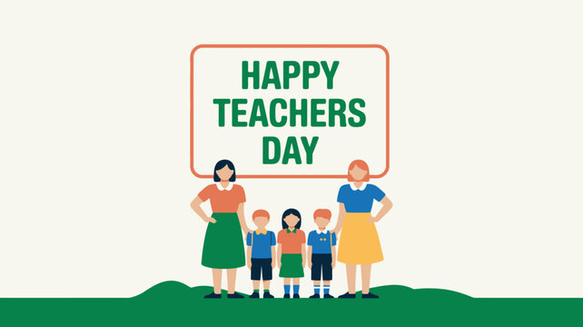 Teachers Day Illustration Featuring Educators and Students with Green Happy Teachers Day Text on Background
