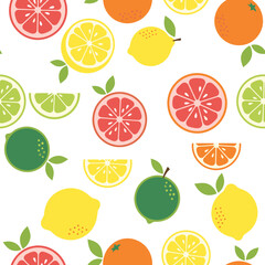 Vibrant seamless pattern with fresh citrus fruits: lemons, limes, oranges, and grapefruits. Colorful graphic design background.