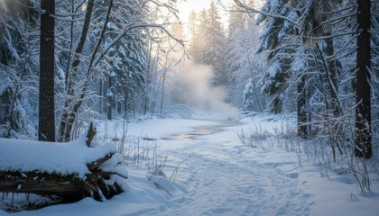 Tranquil winter forest landscape features a winding stream with mist rising, surrounded by snow-covered trees and a path leading into the sunlit, ethereal woods