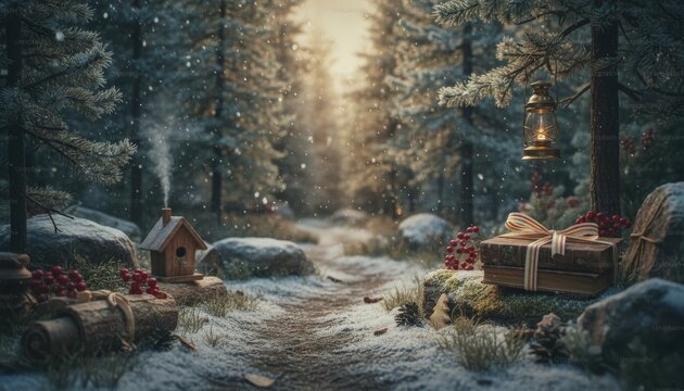 Cozy wooden birdhouse, vintage lantern, and antique books create a magical winter scene in a snowy forest with a warm glowing light and falling snowflakes - Powered by Adobe
