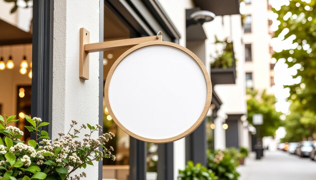 【モックアップ素材】スカンジナビアスタイルの丸型看板 &ndash; 店舗外壁に設置された木製フレームのブランクサイン
