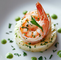 Elegant Herb Garnished Shrimp Served Over Creamy Mashed Potato Medallion
