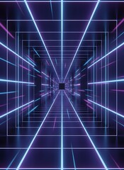 Abstract digital tunnel with glowing neon grid lines and perspective effect