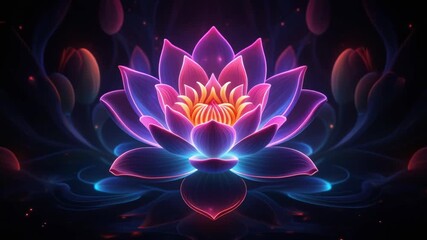A mesmerizing neon lotus bloom radiates ethereal light, creating a serene sanctuary of calm and spiritual energy, captivating the eye amidst a swirling cosmic darkness