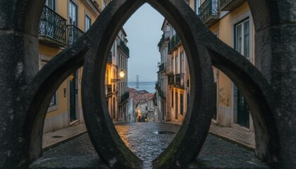 Narrow cobblestone street descends between old buildings, framed by a stone archway, reflecting warm streetlights on its wet surface towards a distant suspension bridge at dusk
