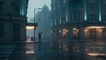 Fototapeta premium Solitary figure holding an umbrella stands on a wet city street corner, illuminated by warm building lights and streetlamps in a foggy, melancholic urban night scene