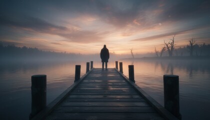 Solitary person stands on a rustic wooden pier, gazing out over a tranquil, misty lake at a dramatic, colorful sunset with a serene and contemplative mood