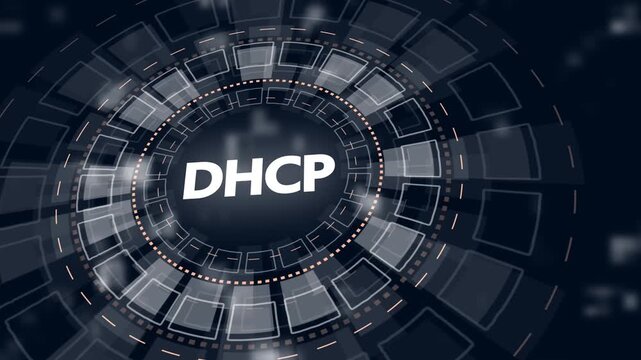 Futuristic White HUD Circle with DHCP Text and Abstract Geometric Background Keywords: DHCP, Dynamic Host Configuration Protocol, technology, futuristic, HUD