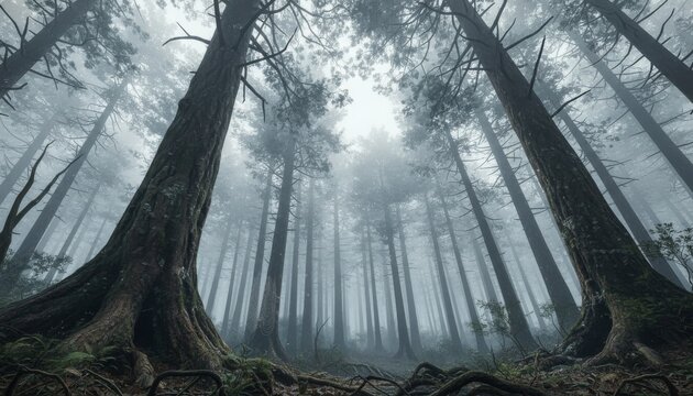 Ancient towering evergreen trees stand majestically in a dense, atmospheric forest, viewed from a low angle looking up through the thick, ethereal mist - Powered by Adobe