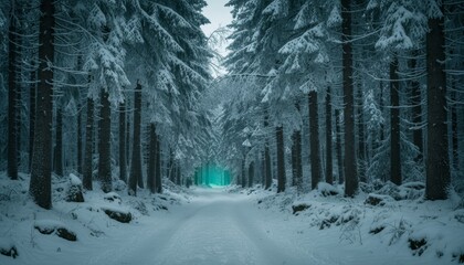 Mysterious snow-covered forest path lined by tall evergreen trees leads into a magical turquoise glow in the distance, creating a serene winter wonderland scene