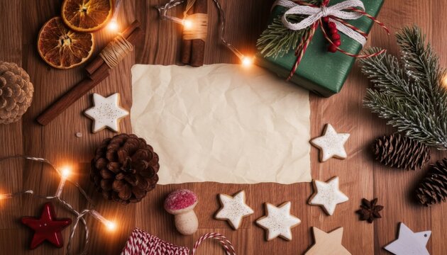 Blank crumpled paper surrounded by festive Christmas decorations and fairy lights, creating a cozy holiday flat lay on a rustic wooden background - Powered by Adobe