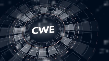 Futuristic HUD interface with CWE acronym in glowing white concentric circles and digital background - Powered by Adobe