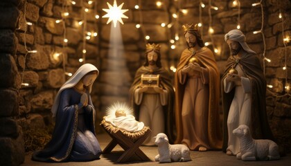 Traditional Christmas Nativity scene figurines depicting Mary, baby Jesus, and the three wise men with two lambs, illuminated by a glowing star and warm string lights against a stone wall