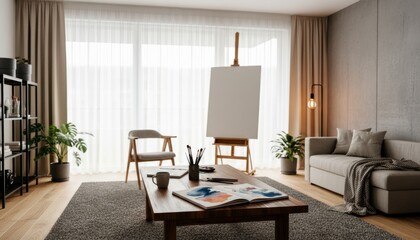 Modern wooden coffee table displays an open sketchbook with vibrant watercolor art, paintbrushes, and a mug in a bright, minimalist living room studio with an easel and blank canvas