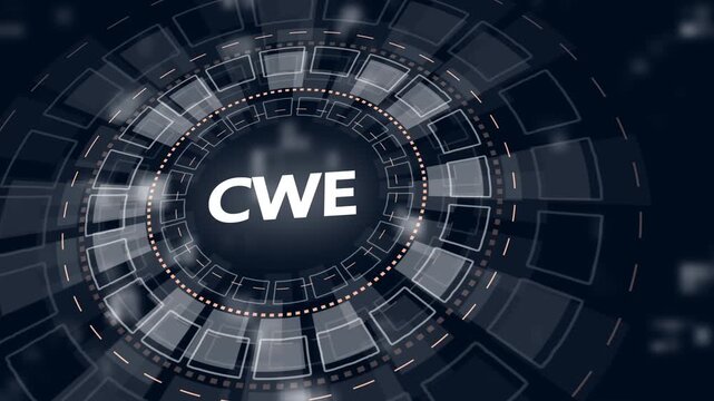 Futuristic HUD interface with CWE acronym in glowing white concentric circles and digital background