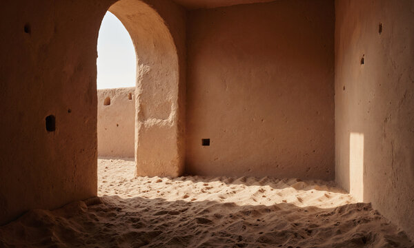 Desert Minimal Bedroom - Adobe interior with clay walls, terracotta floor, empty space, soft sunlight from arched window, captured from