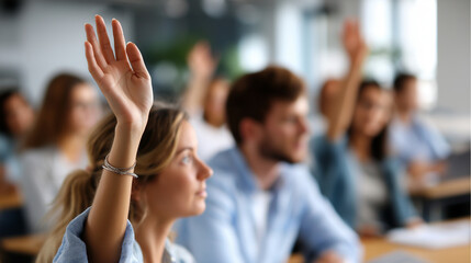 Faceless students engaged in classroom discussion raising hands to contribute ideas during morning lecture, defocused participatory learning, active classroom engagement, academic 