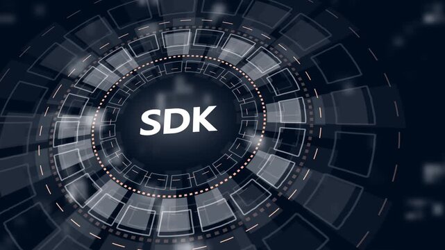 Futuristic white HUD Circle with SDK Text and Digital Data Streams on Dark Background Software Development Kit