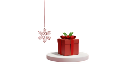 Festive red gift stack with holly on pedestal isolated on transparent background