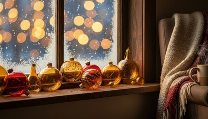 Golden and red glass Christmas ornaments sit on a rustic wooden windowsill, illuminated by warm bokeh lights and frost on the window, creating a cozy winter holiday atmosphere
